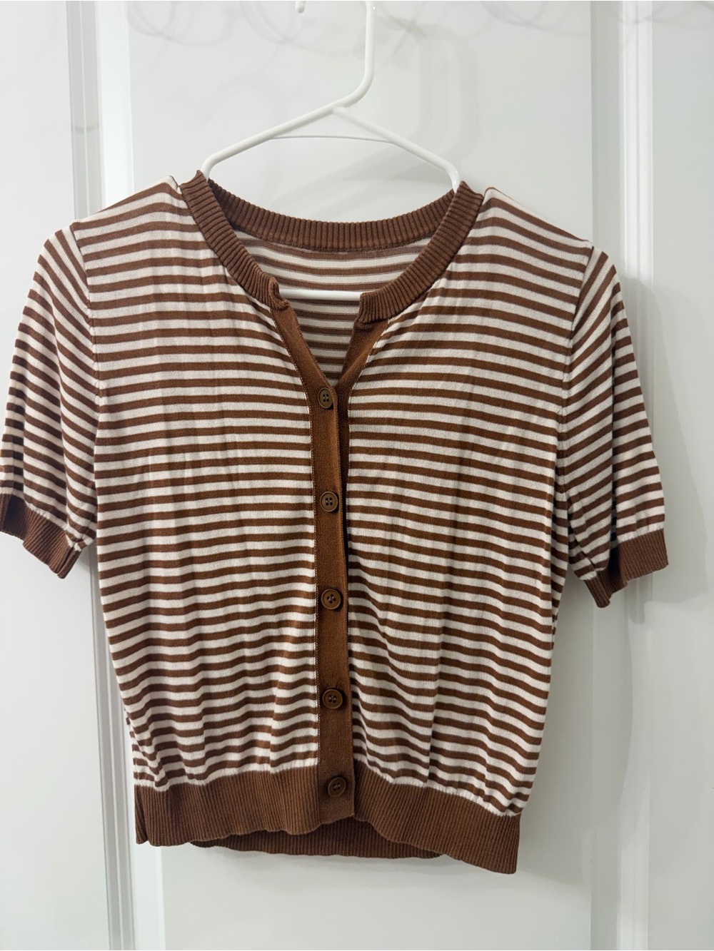 Brown & White Striped Button-Up Knit Top